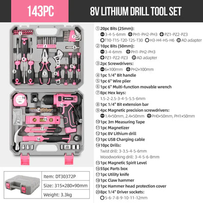 Hi-Spec 92-Piece Pink Home Tool Box Set, Multi-Function Hand Repair Kit with Hammer Cordless Power Drill Combo for Household DIY
