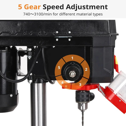 8 Inch Bench Drill Press, 2.5Amp, 5 Speed Adjustable, Swing Distance 0-45° Tilting, Controls Benchtop for Wood, Metal Drilling