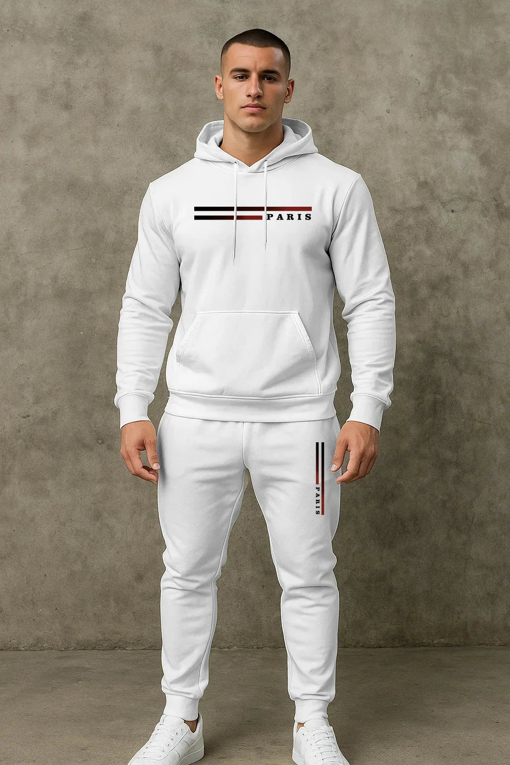 Men's Classic Personalized Fashion Paris Alphabet Stripe Printed Machine Washable Hooded Sweatshirt and Pants Casual Sports Set