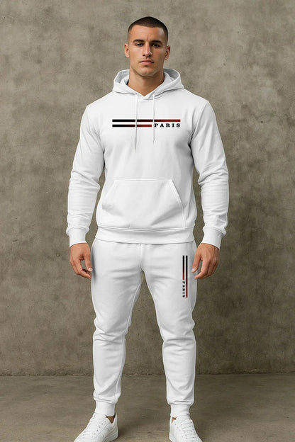 Men's Classic Personalized Fashion Paris Alphabet Stripe Printed Machine Washable Hooded Sweatshirt and Pants Casual Sports Set