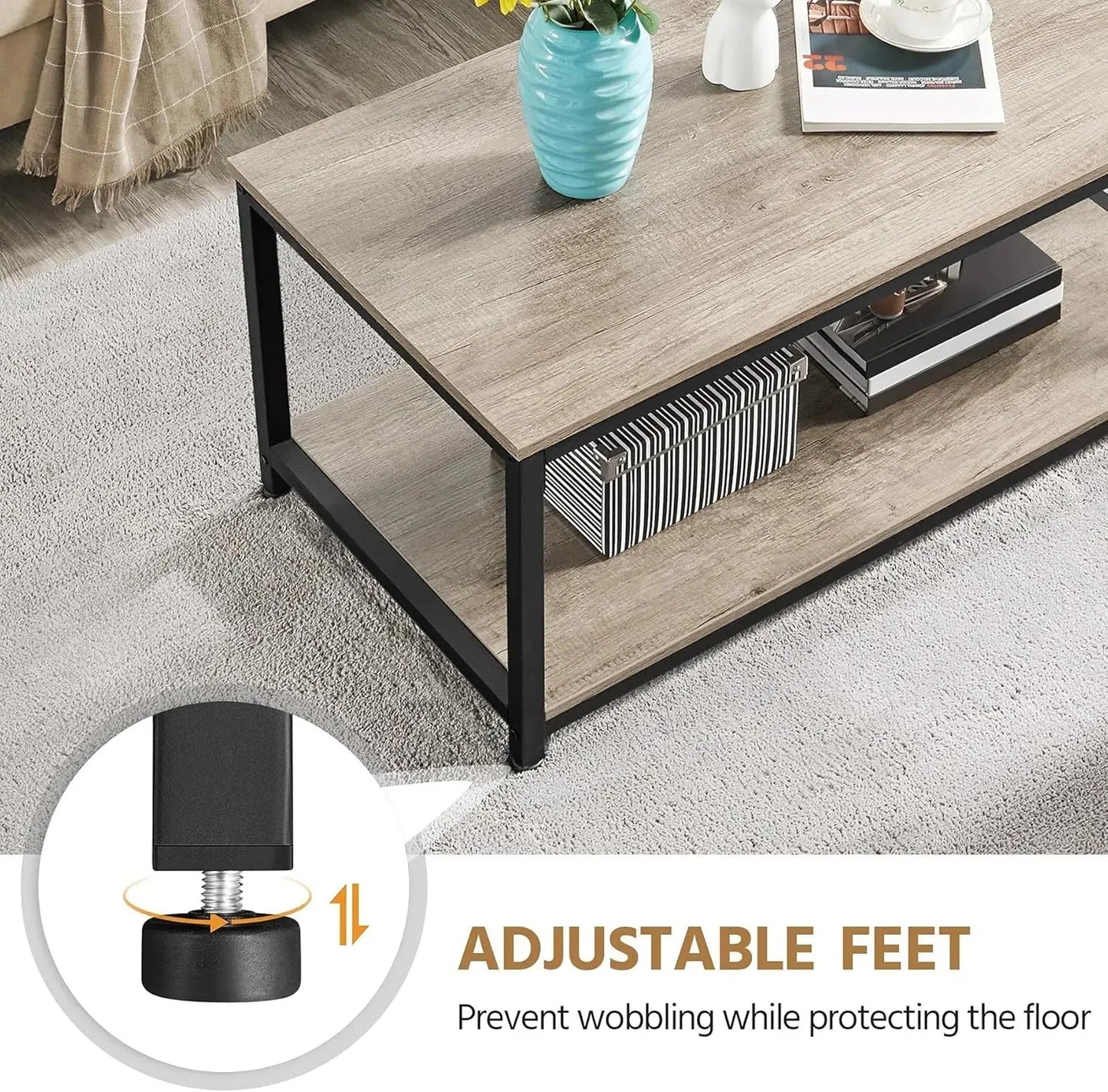 Coffee Tea Table with Metal Frame, Coffee with Open Storage Shelf, Vintage Accent Furniture for Living Room