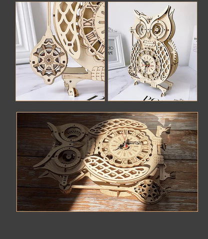 Wooden Puzzle 3D Owl Clock Model Building Kits Creative DIY Wall Clock Mechanical Retro Pendulum Clock Assembly Toy for Adults