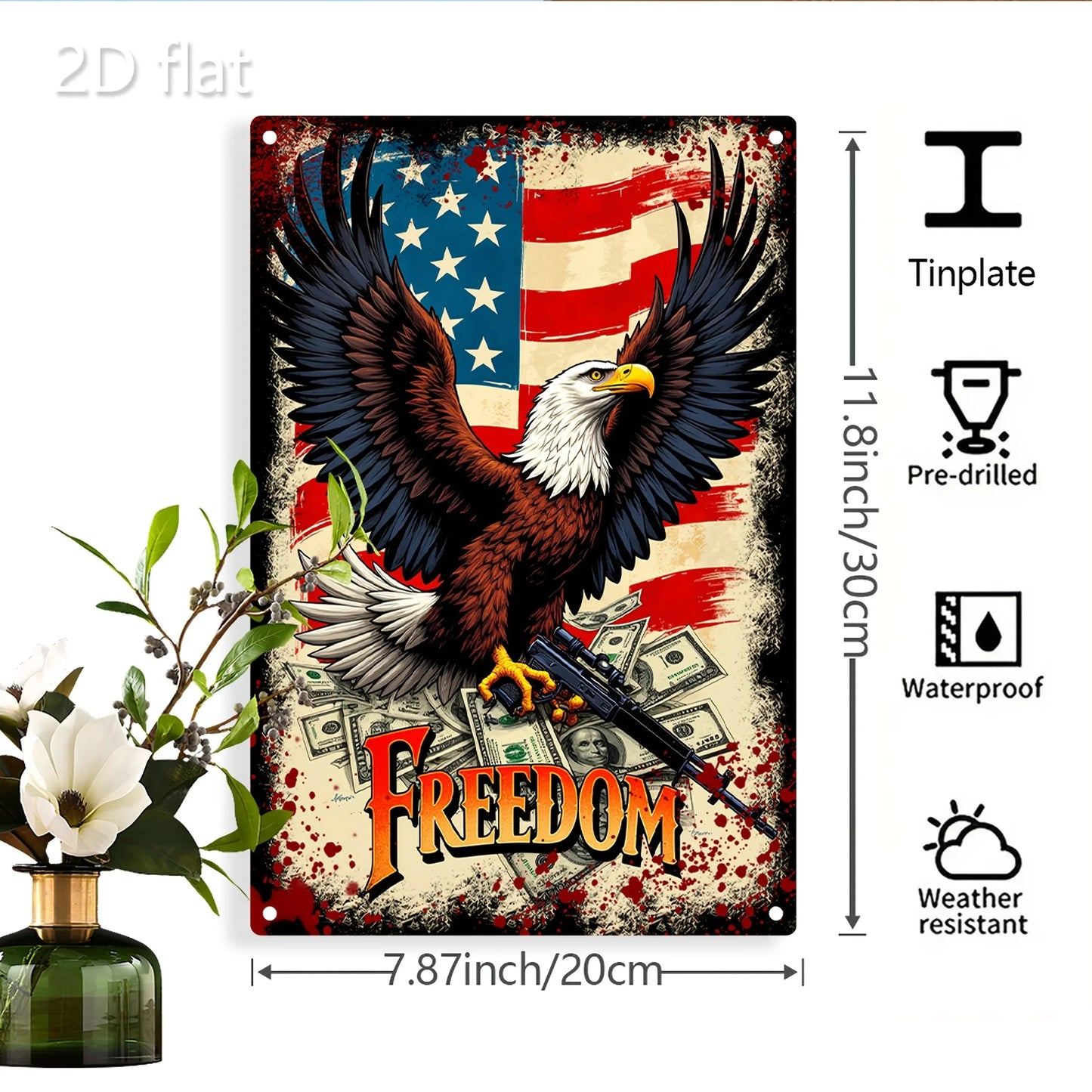 Patriotic Eagle with Guns Metal Wall Art - 8x12 Inch American Flag Design, Durable Iron Sign for Home & Outdoor Decor