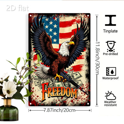 Patriotic Eagle with Guns Metal Wall Art - 8x12 Inch American Flag Design, Durable Iron Sign for Home & Outdoor Decor