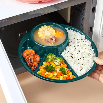 Reusable Round Plastic Divided Dinner Plate With Fork Spoon Salad Plate Dishes Student Kid Food Plate Dishwasher&Microwave Safe