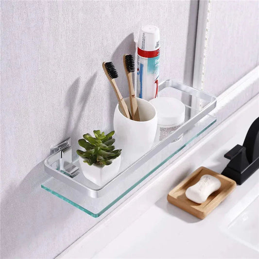 Tempered Glass Bathroom Shelf Aluminum Storage Rack Rectangular 30 40 50cm 1 Tier Silver Sand Sprayed Wall Mounted