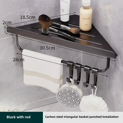 Bathroom Triangle Drain Shelf No Drilling Wall Mounted Cosmetic and Toiletries Hollow Carbon Steel Shelf with Hooks