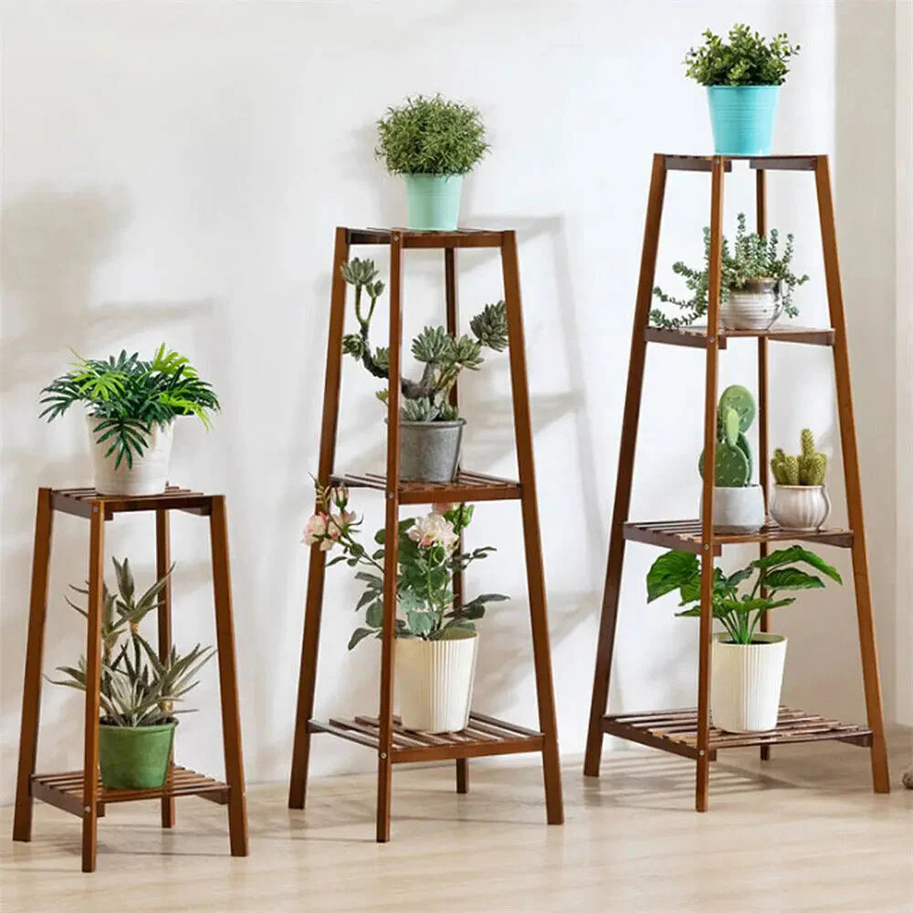 Tiered Bamboo Plant Pot Holder Tall Plant Display Shelf Flower Stand Indoor