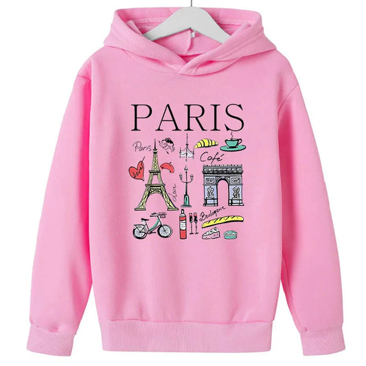 Girls Paris Landmarks & Food Pattern Print Hoodie Sweatshirt GYM Lover Thick Birthday Gift Top for Kids