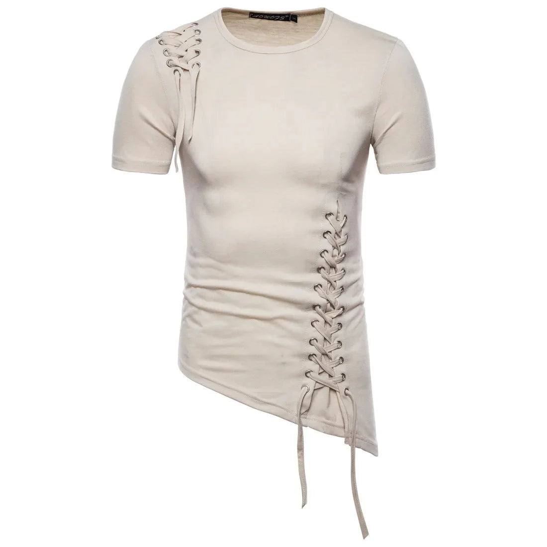 New2026 Men's Summer Short Sleeve T-shirts Trend Irregular Design Lace Up Solid Slim Tees Fashion Gothic Style Casual Shirts Men