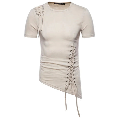 New2026 Men's Summer Short Sleeve T-shirts Trend Irregular Design Lace Up Solid Slim Tees Fashion Gothic Style Casual Shirts Men