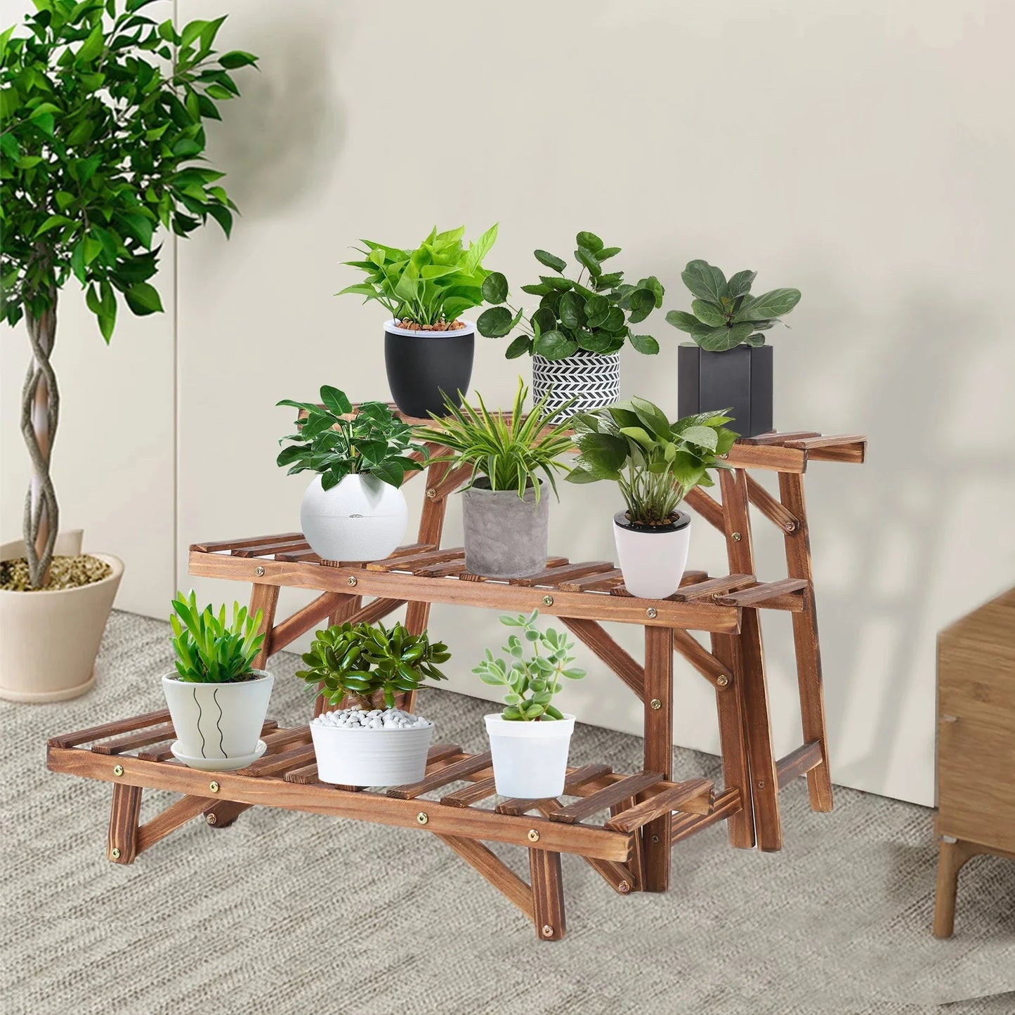 3 Tier Wood Ladder Shelf Corner Plant Stand Indoor Outdoor Flower Pot Rack