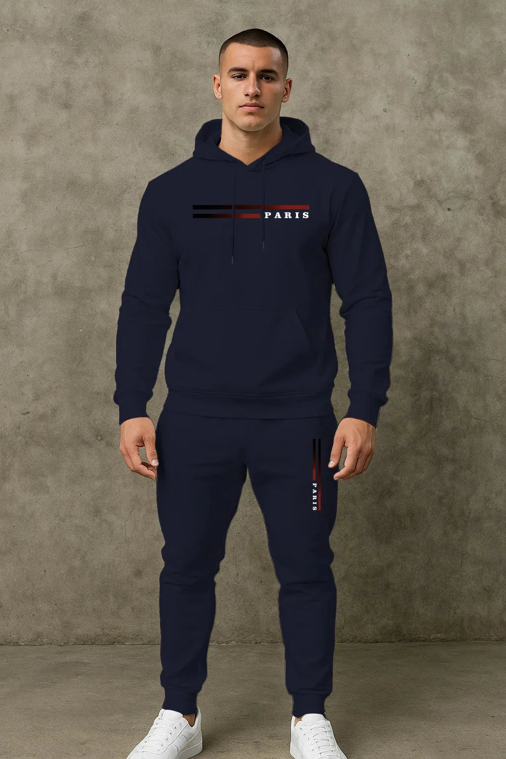 Men's Classic Personalized Fashion Paris Alphabet Stripe Printed Machine Washable Hooded Sweatshirt and Pants Casual Sports Set