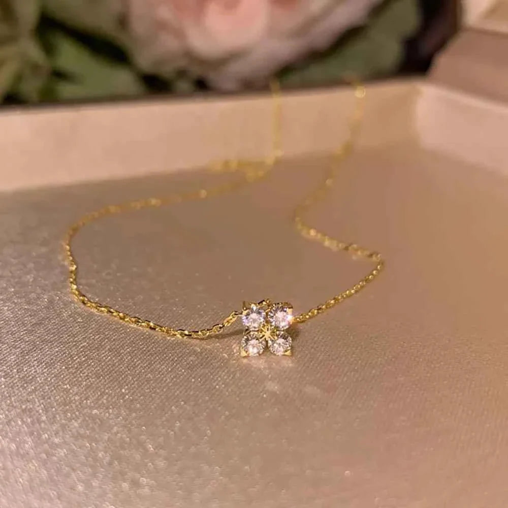 New Stainless Steel Zircon Necklaces for Women 18K Gold Plated Four Leaf Grass Collar Chain Necklace Luxury Jewelry Gift