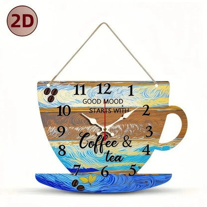 Coffee Cup Shaped Wooden Silent Hanging Wall Clock,Wood Grain Design Suitable For Living Room,Study Room,Bedroom,Home Decoration