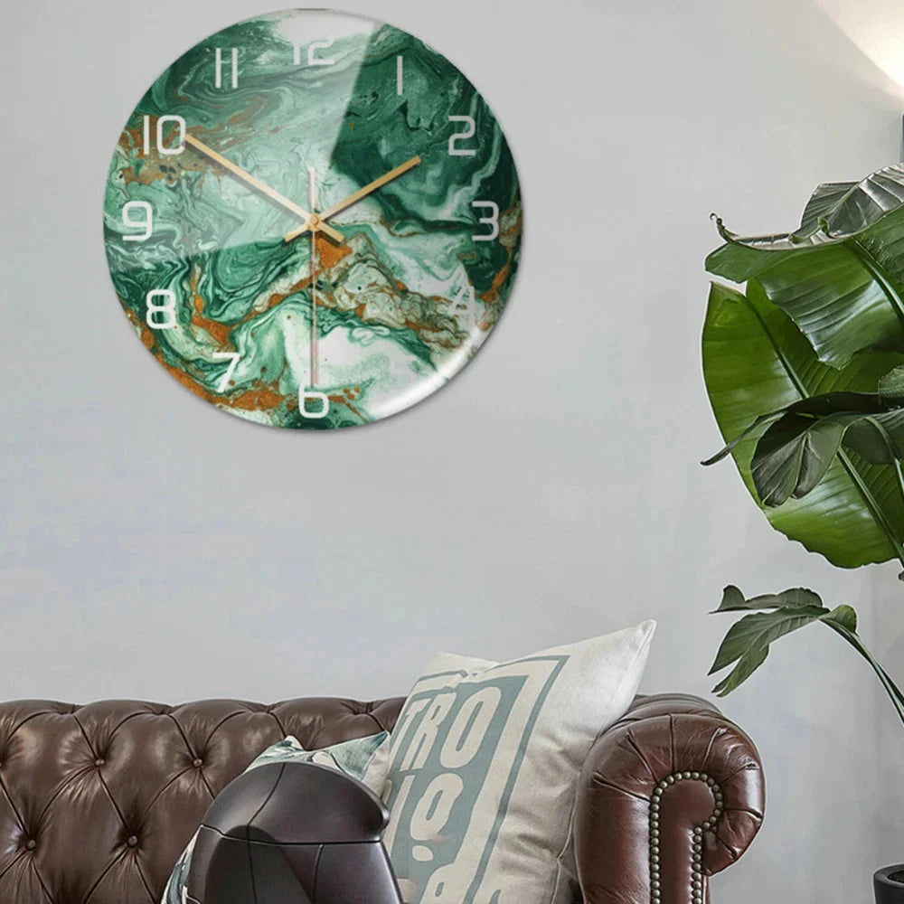 Black Gold Marble Metal Needle Modern Acrylic Round Clock 12"