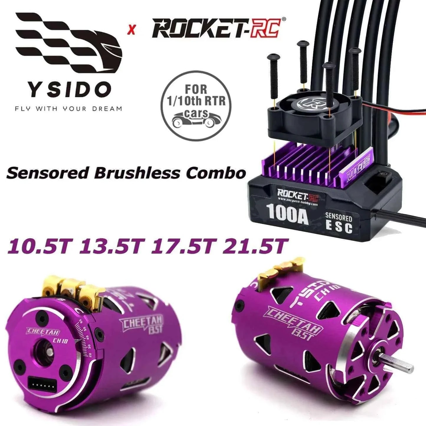 ROCKET RC 100A ESC w/ CH10 540 Motor 10.5T 13.5T 17.5T 21.5T Sensored Brushless Combo for 1/10 1/12 RC Drift Racing Car Parts