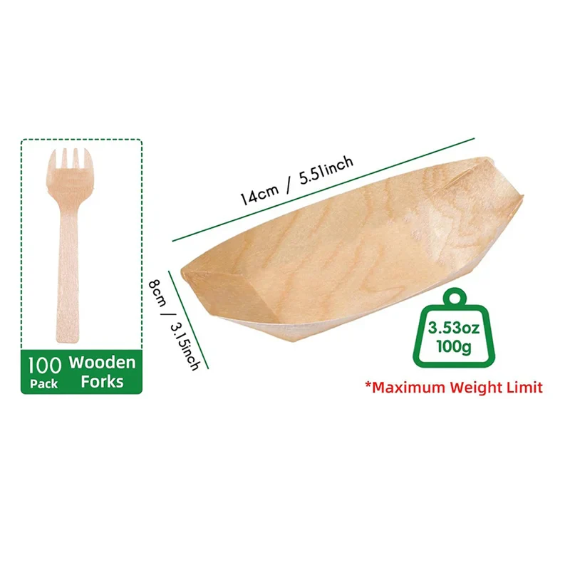 SOFT-100 Set Wooden Food Boats Dessert Plates Food Trays Boat Plates Disposable Plates Disposable