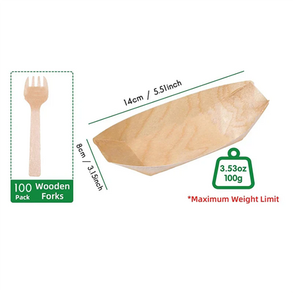 SOFT-100 Set Wooden Food Boats Dessert Plates Food Trays Boat Plates Disposable Plates Disposable