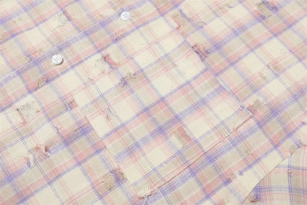 Ripped Plaid Long Sleeve Shirts Mens Pocket Autumn High Street Loose Lapel Single Breasted Checked Shirt Men