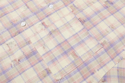 Ripped Plaid Long Sleeve Shirts Mens Pocket Autumn High Street Loose Lapel Single Breasted Checked Shirt Men