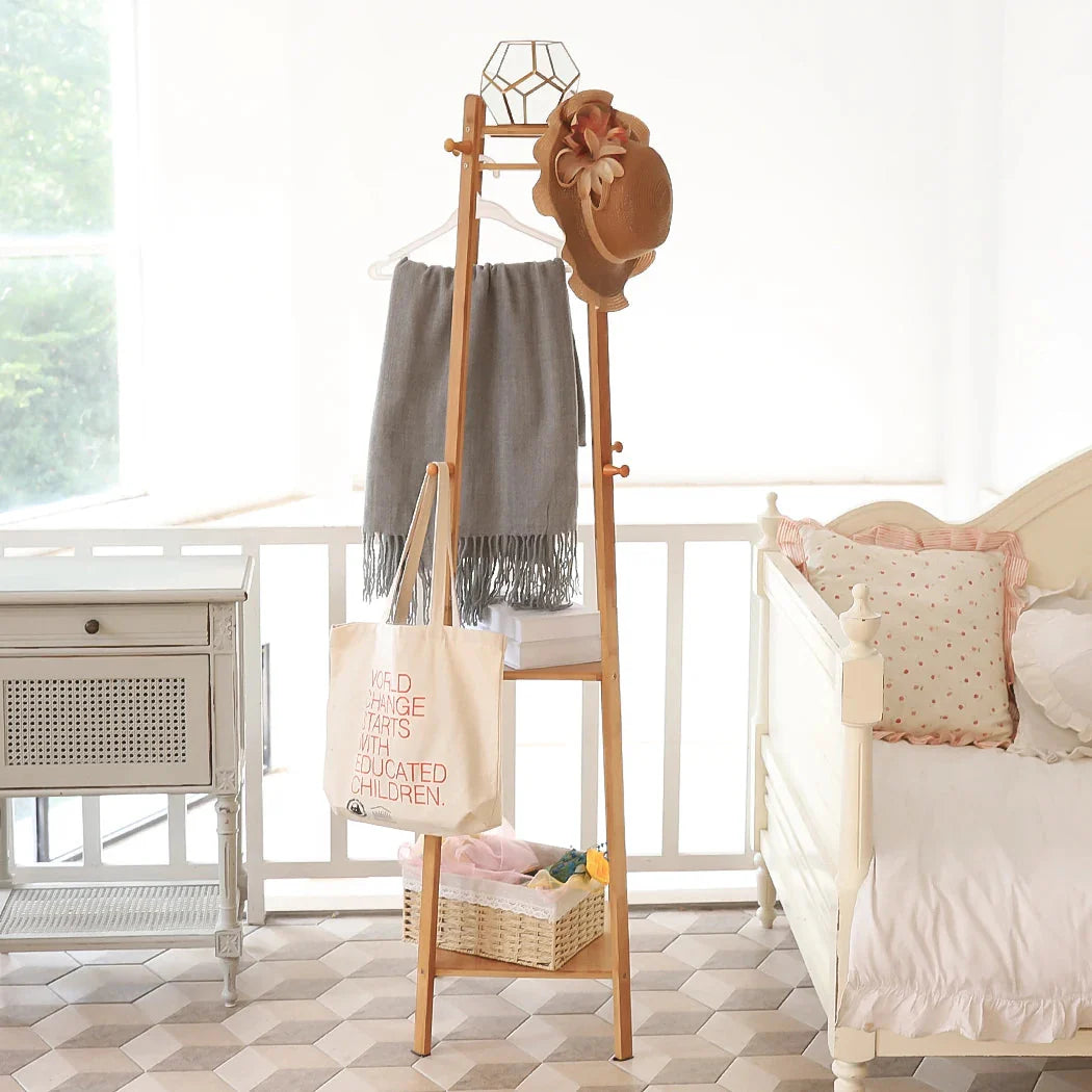 Bamboo Coat Rack Free Standing 2-Shelves Clothing Storage Garment Organizer Stand with 8 Hooks Clothes Poles 55kg Load-bearing f