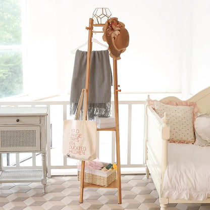 Bamboo Coat Rack Free Standing 2-Shelves Clothing Storage Garment Organizer Stand with 8 Hooks Clothes Poles 55kg Load-bearing f