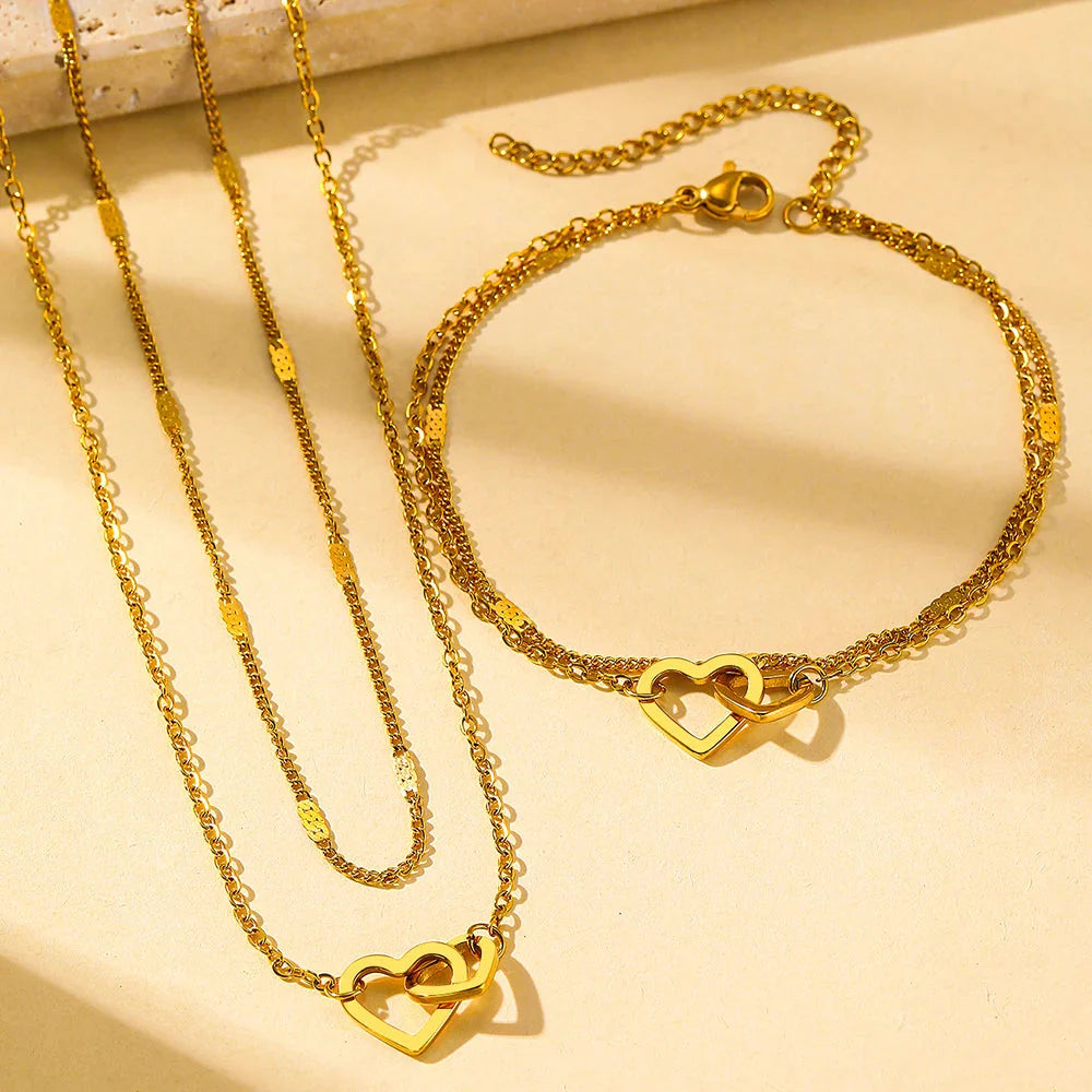 Stainless Steel Jewelry Sets High-end Atmosphere Love Bracelet Love Necklace Double Chain Design Jewelry Sets For Women Jewelry