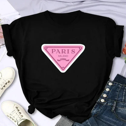 Fashion Paris Printed Short Sleeved Shirt Women Hip Hop Casual T-shirt Short Sleeved Round Neck Casual Top Autumn and Winter