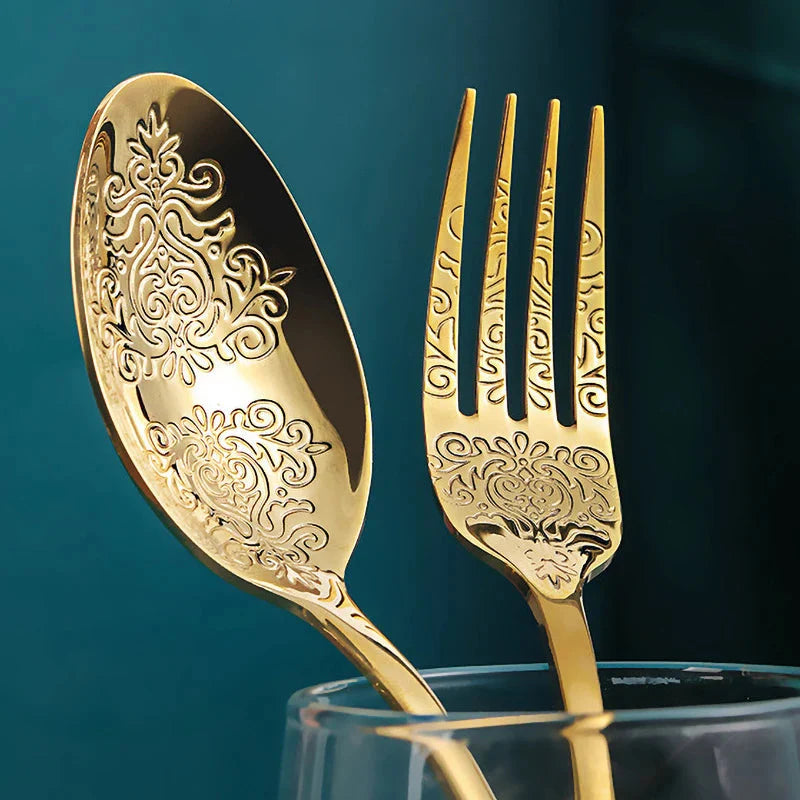 16/24Pcs Silverware Set,304 Stainless Steel Gold Cutlery Kit Mirror Polished Flatware Sets Vintage Carved Utensils Set Tableware