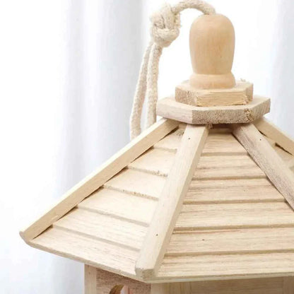 Bird House Ornaments House Shape Bird Feeder House Hanging Wooden Pet Feeder Box Bird Food Dispenser Balcony