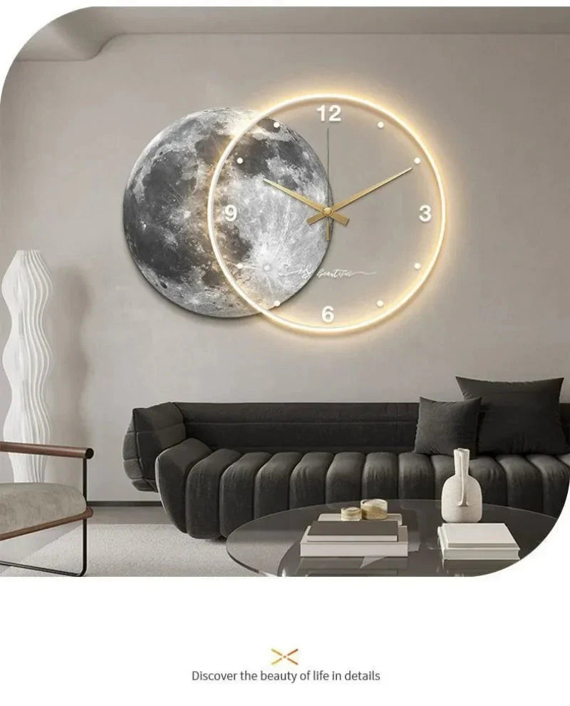 Large Wall Clock Luxury Dining Room Living Room Moon The Earth Modelling LED Light Silent Movement Bedroom Clock Wall Decoration