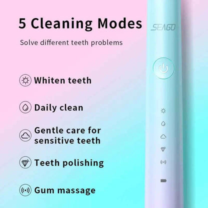 Seago S2 Sonic Electric Toothbrush  5 Modes Whitening Tooth brush 2 Minute Smart Timer IPX7 With 3pcs Replacement Brush Heads