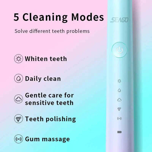 Seago S2 Sonic Electric Toothbrush  5 Modes Whitening Tooth brush 2 Minute Smart Timer IPX7 With 3pcs Replacement Brush Heads