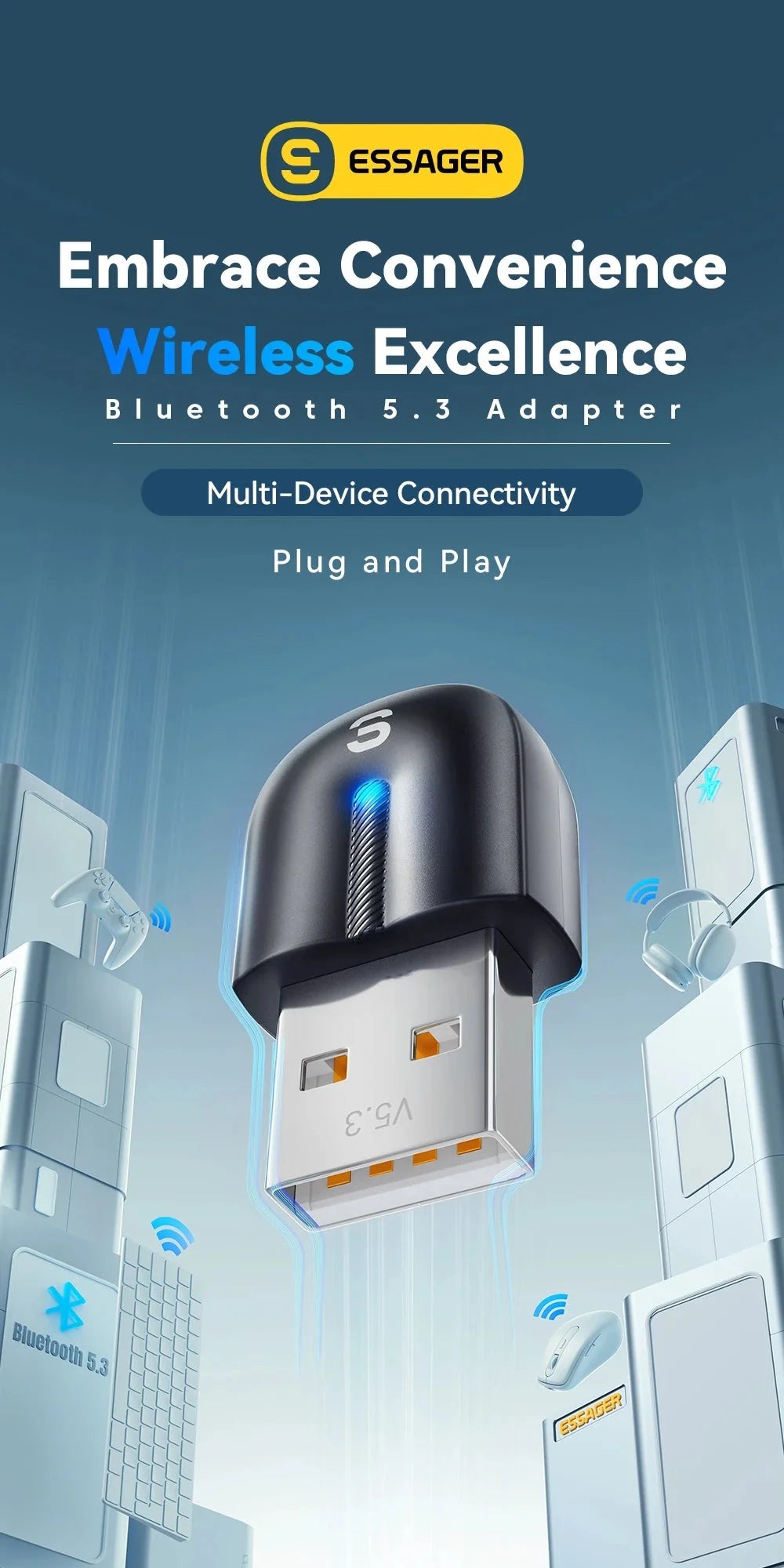 Essager USB Bluetooth 5.3 Adapter Aux Audio Receiver Transmitter For PC Speaker Laptop Wireless Mouse soundbox USB Transmitter