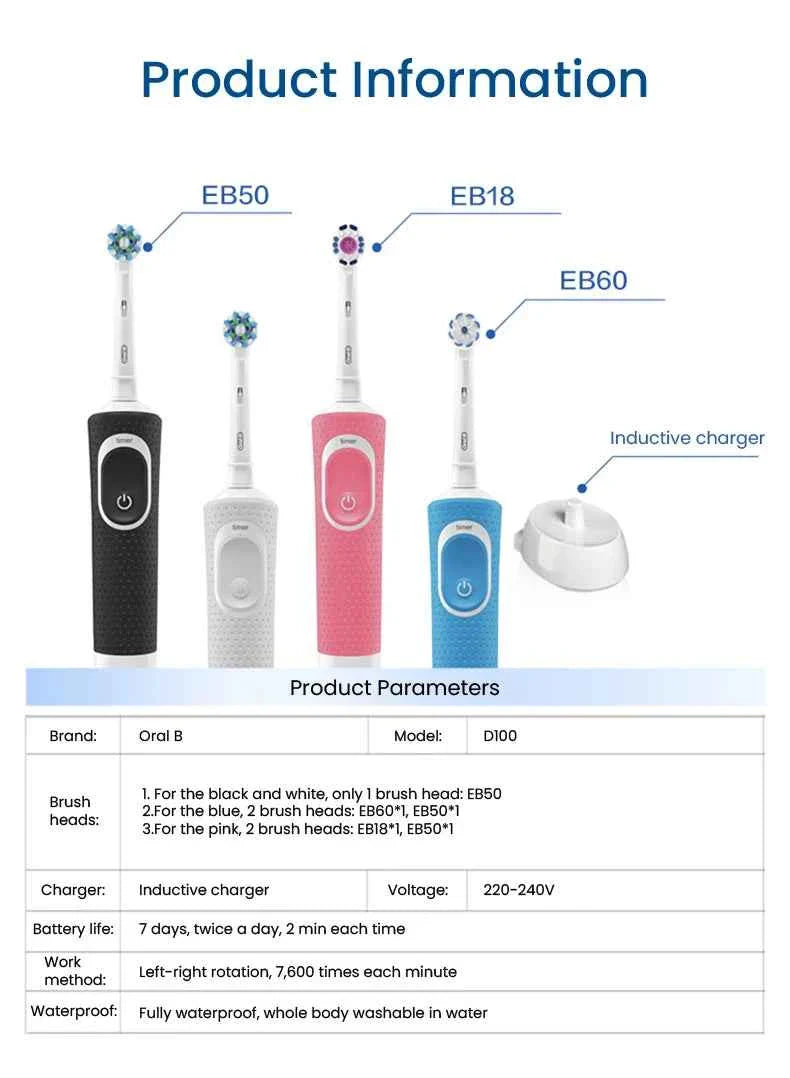 Oral B D100 Electric Toothbrush 2D Vitality Cleaning Teeth Brush Waterproof Electronic Teeth Brush Inductive Charger With Timer