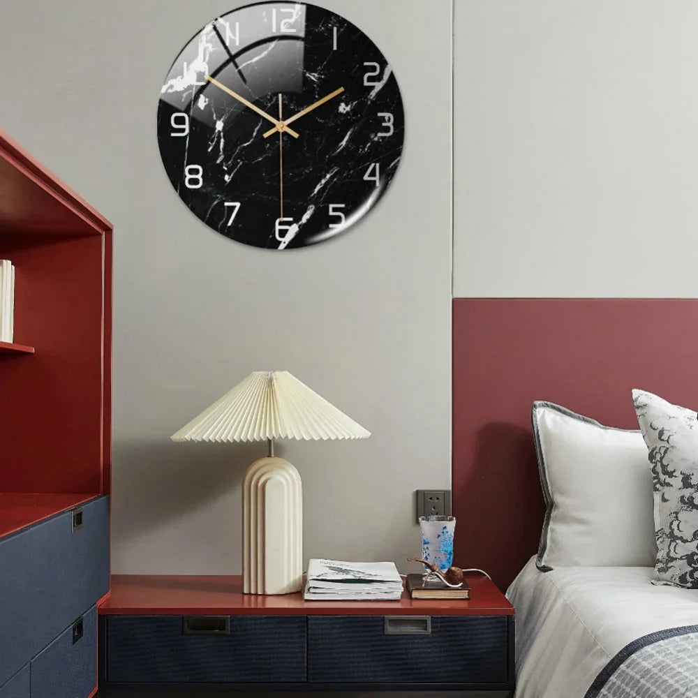 Black Gold Marble Metal Needle Modern Acrylic Round Clock 12"