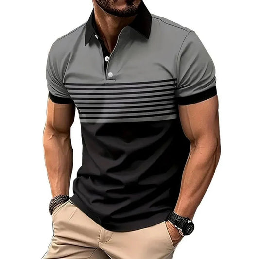 The 2025 summer new men's POLO shirt is a casual and fashionable striped printed street men's wear