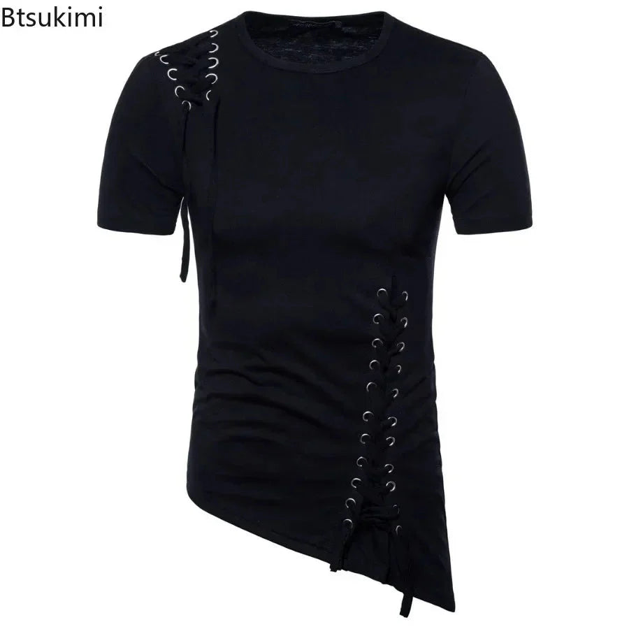 New2026 Men's Summer Short Sleeve T-shirts Trend Irregular Design Lace Up Solid Slim Tees Fashion Gothic Style Casual Shirts Men