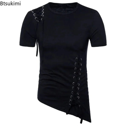 New2026 Men's Summer Short Sleeve T-shirts Trend Irregular Design Lace Up Solid Slim Tees Fashion Gothic Style Casual Shirts Men