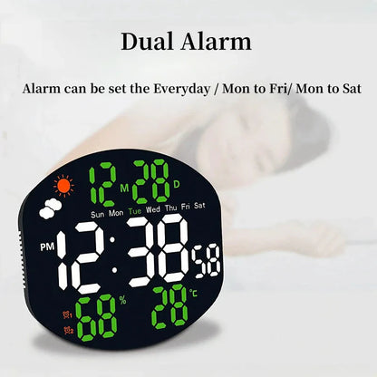 Large Digital Wall Clock Weather Station Forecast TEMP Humidity Date Week Night Mode Table Clock 2 Alarm 12/24H LED Alarm Clock