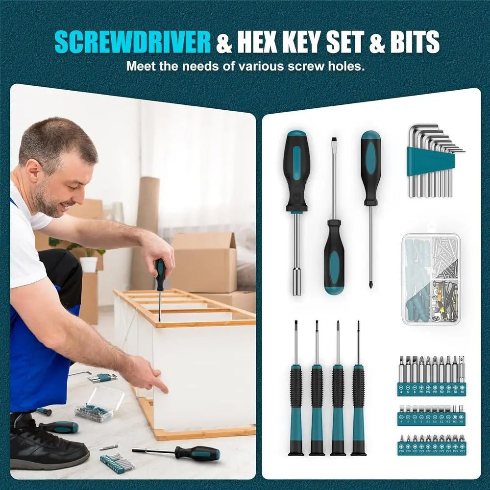 Tool Kit 206PCS with Drill - 12V Cordless Power Drill Combo Home Tool Set - Portable Basic General Household Toolbox for Repair