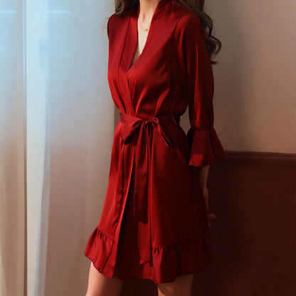Sexy Flare Sleeve Kimono Gown Women Wedding Robe Silk Rayon Home Dress Elegant Ruffle Sleepwear Cozy Nightgown Intimate Lingerie