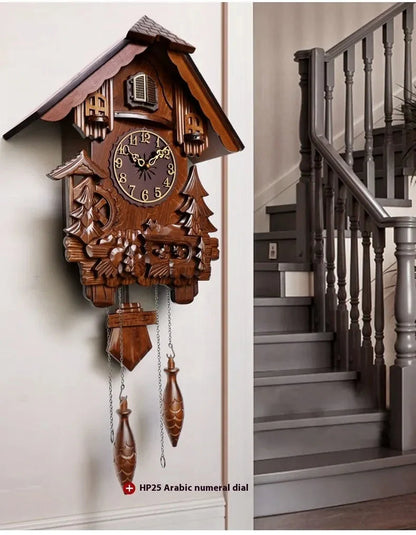 Antique Classic Solid Wood Hand-carved Cuckoo Wall Clock, Children's Music, Hour Announcement Swinging Creative Clock