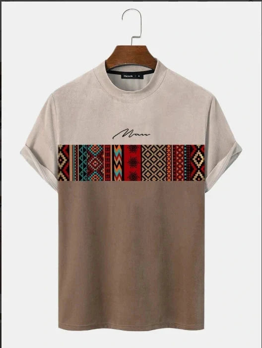 Men's C'EST LA VIE Paris Color Block T-Shirt Beige Gray Brown Casual Short Sleeve Fashion Top