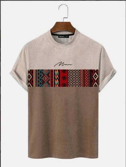 Men's C'EST LA VIE Paris Color Block T-Shirt Beige Gray Brown Casual Short Sleeve Fashion Top