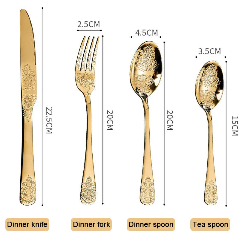 16/24Pcs Silverware Set,304 Stainless Steel Gold Cutlery Kit Mirror Polished Flatware Sets Vintage Carved Utensils Set Tableware
