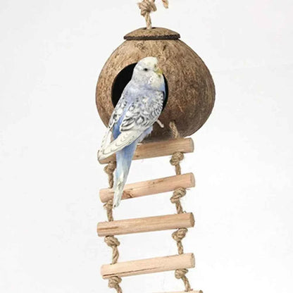 Coconut Bird Nest Hut With Ladder Hanging,Hanging Coconut Bird House Parrot Hideout Bird Cage For Lovebird Pigeons Pet Supplies