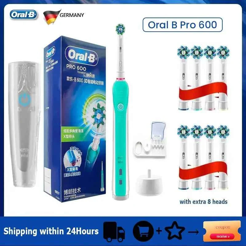 Oral B Electric Toothbrush Pro600 3D Action Daily Clean Pressure Sensor Gum Care Waterproof Rechargeable 7-Day Battery Life