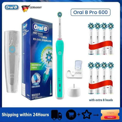 Oral B Electric Toothbrush Pro600 3D Action Daily Clean Pressure Sensor Gum Care Waterproof Rechargeable 7-Day Battery Life